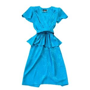 Vintage‎ 80s Alexis Pleated Skirt Belted Midi Dress CottageCore 11/12 Teal Blue